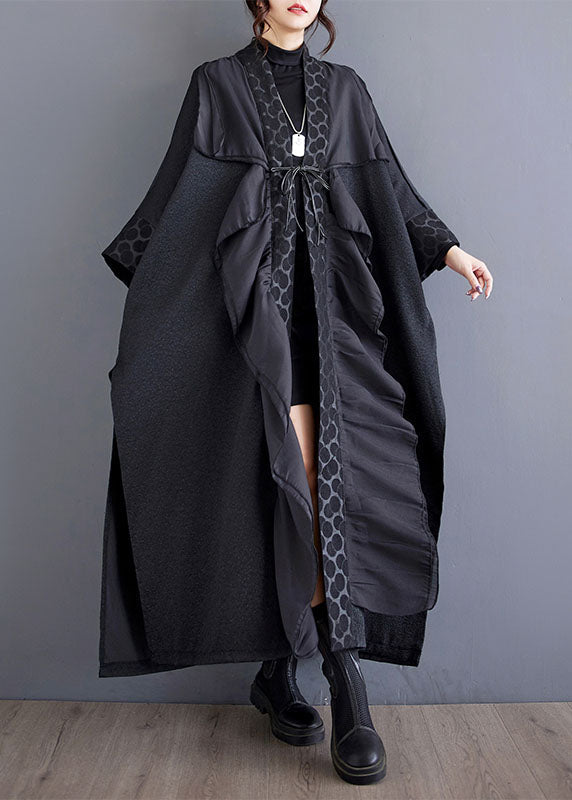 Black Ruffled Asymmetrical Patchwork Cotton Trench Spring