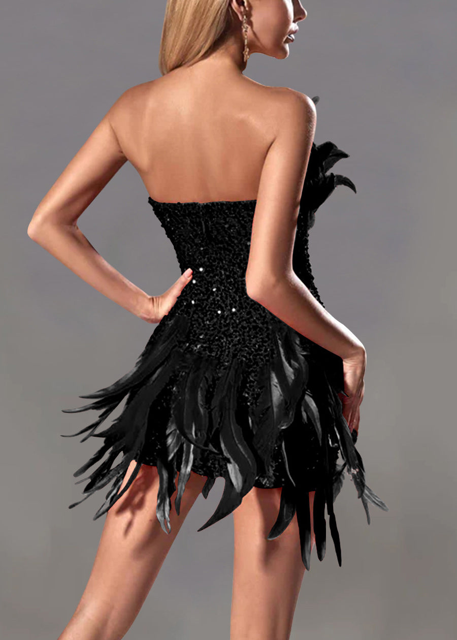 Black Feathers Sequins Strapless Dresses