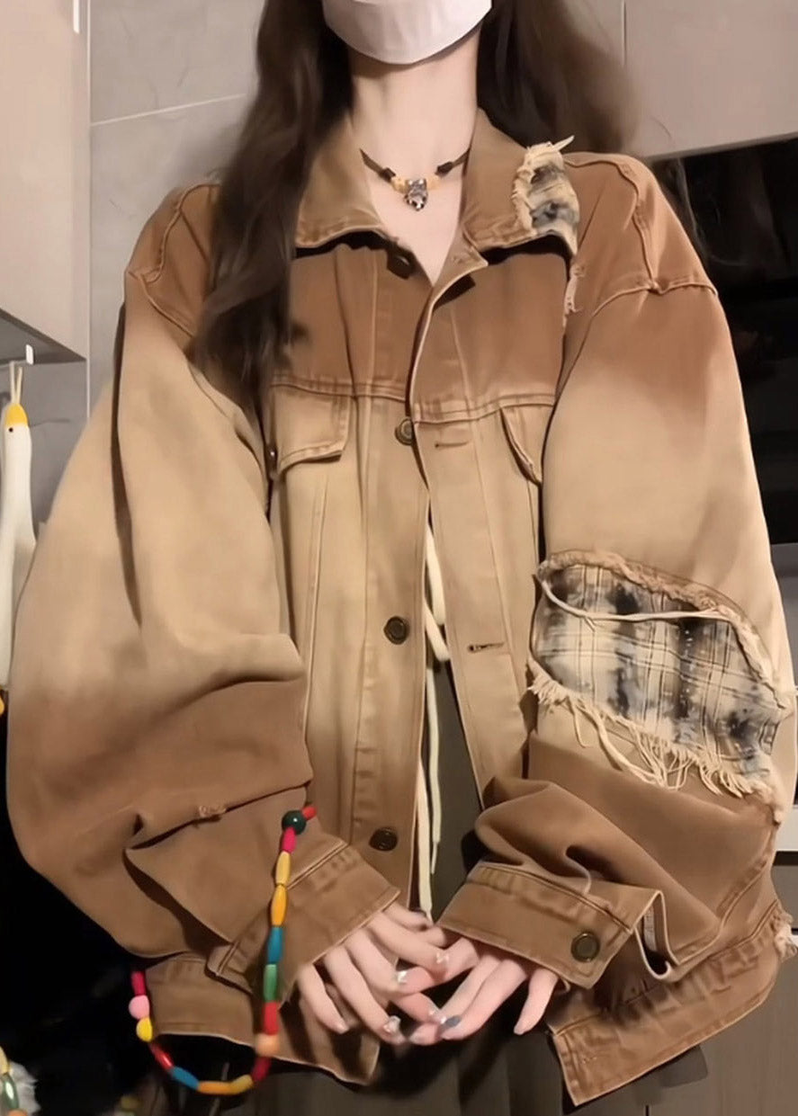 Khaki Peter Pan Collar Pockets Patchwork Patch Denim Coat Lantern Sleeve