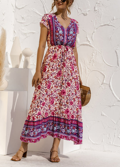 Blue V Neck Print Drawstring Cotton Long Dress Summer