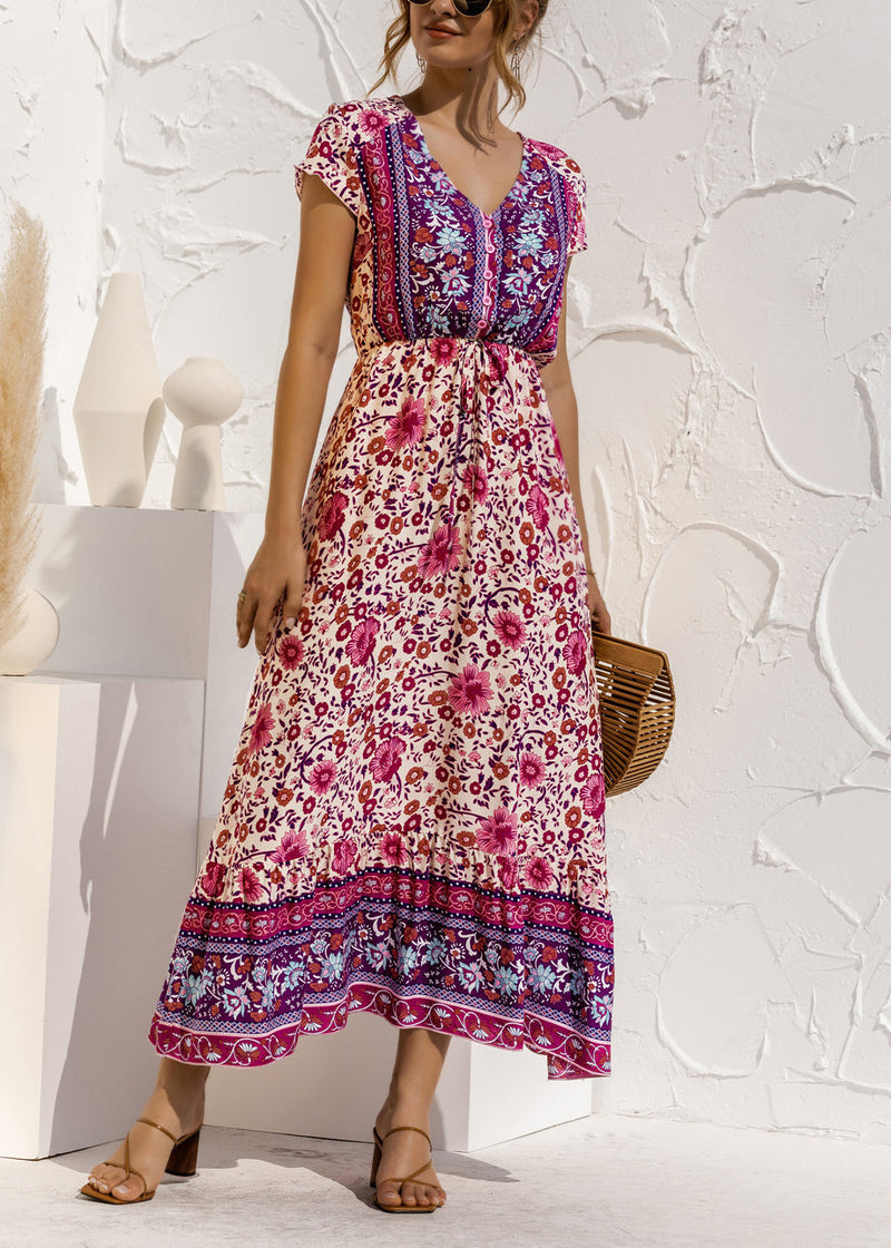 Blue V Neck Print Drawstring Cotton Long Dress Summer