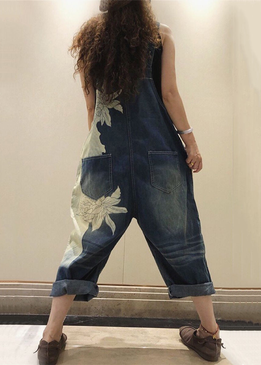 Blue Print Pockets High Waist Denim Jumpsuit Sleeveless