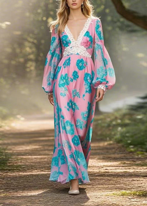 Pink V Neck Print Lace Patchwork Chiffon Dresses Lantern Sleeve