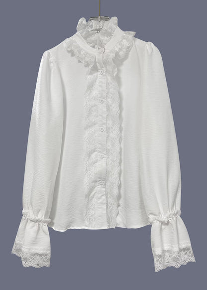 White V Neck Lace Patchwork Cotton Shirts Spring
