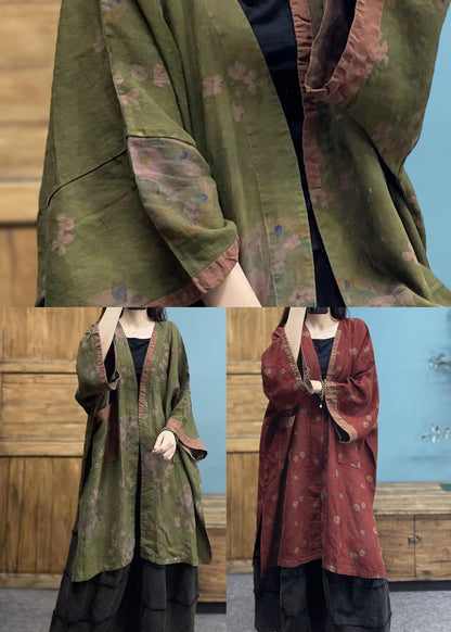 Green V Neck Print Linen Cardigans Spring