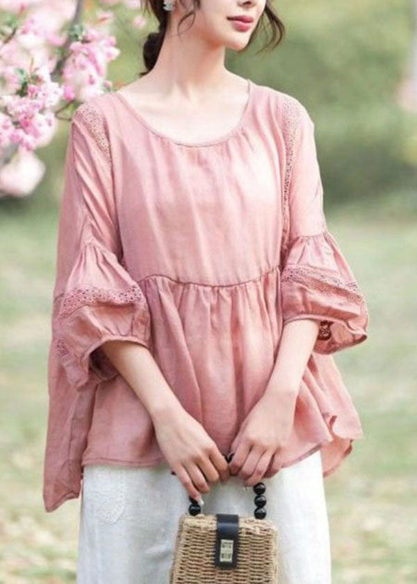 Pink Patchwork Linen Top Embroidered Hollow Out O Neck Summer