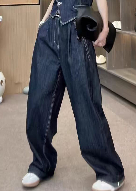 French Blue Button Waistcoat and Pants Denim Two Pieces Set Sleeveless