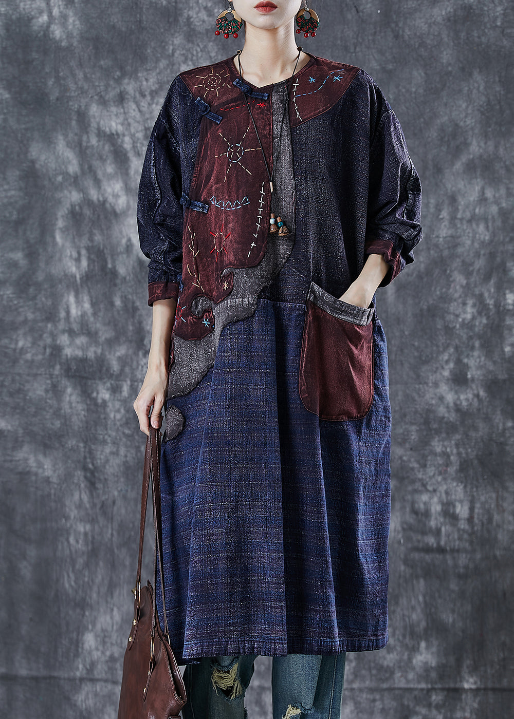 Navy Embroidered Patchwork Applique Denim Oriental Dresses Spring