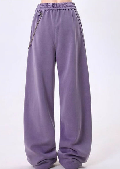 Grey Pockets Patchwork Elastic Waist Cotton Pants Spring