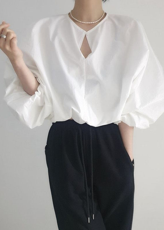 Loose White Button Hollow Out Cotton Shirts Fall