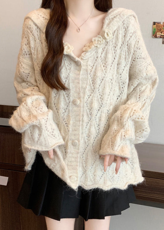 Beige Button Cozy Knit Cardigan Tops Hollow Out