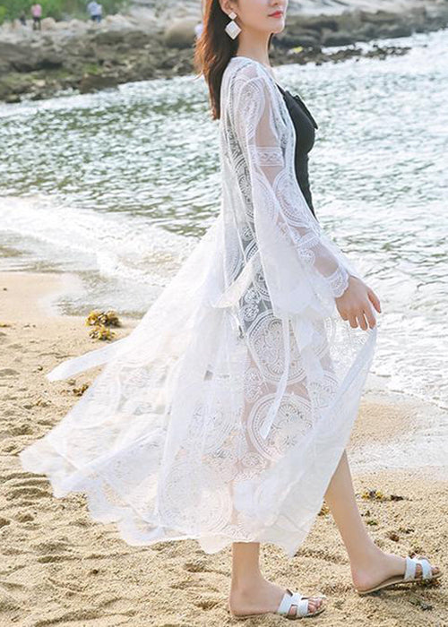 White Embroidered Tie Waist Lace Loose Cardigans Summer