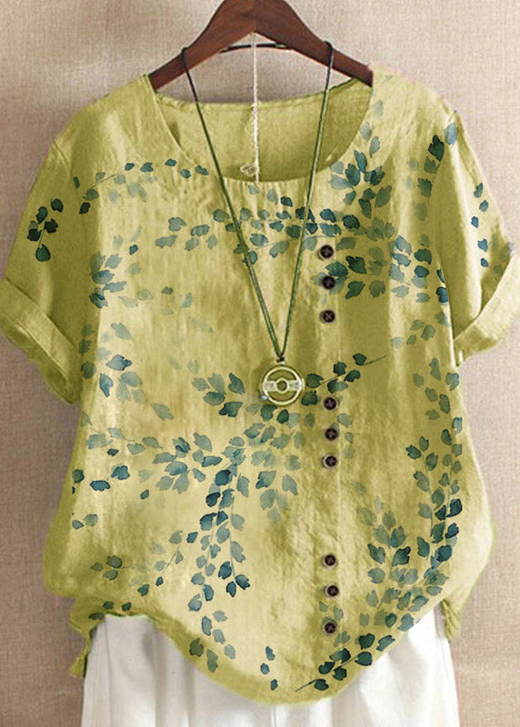 Yellow O-neck Embroidered Linen Tops Short Sleeve