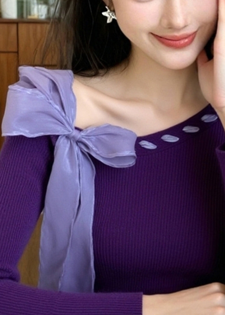 Stylish Purple Bow Knit Sweater Winter