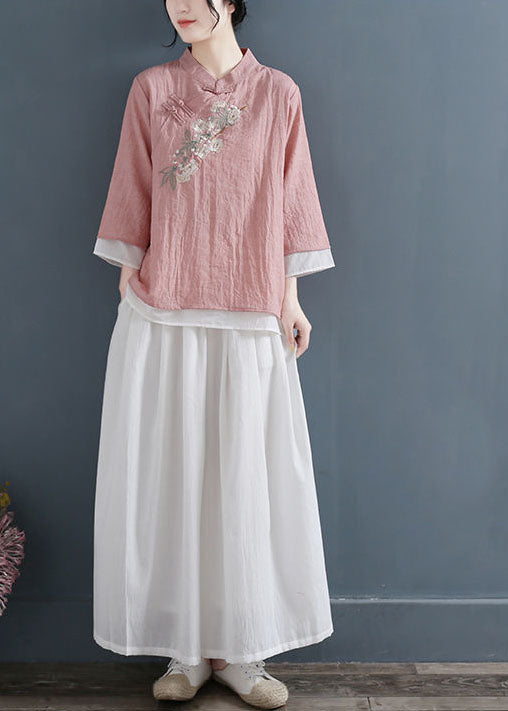 Pink Stand Collar Embroidered Cotton Fake Two Piece Shirts Three Quarter Sleeve