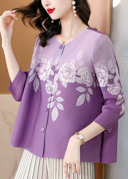 Purple O Neck Print Button Wrinkled Silk Blouses Fall