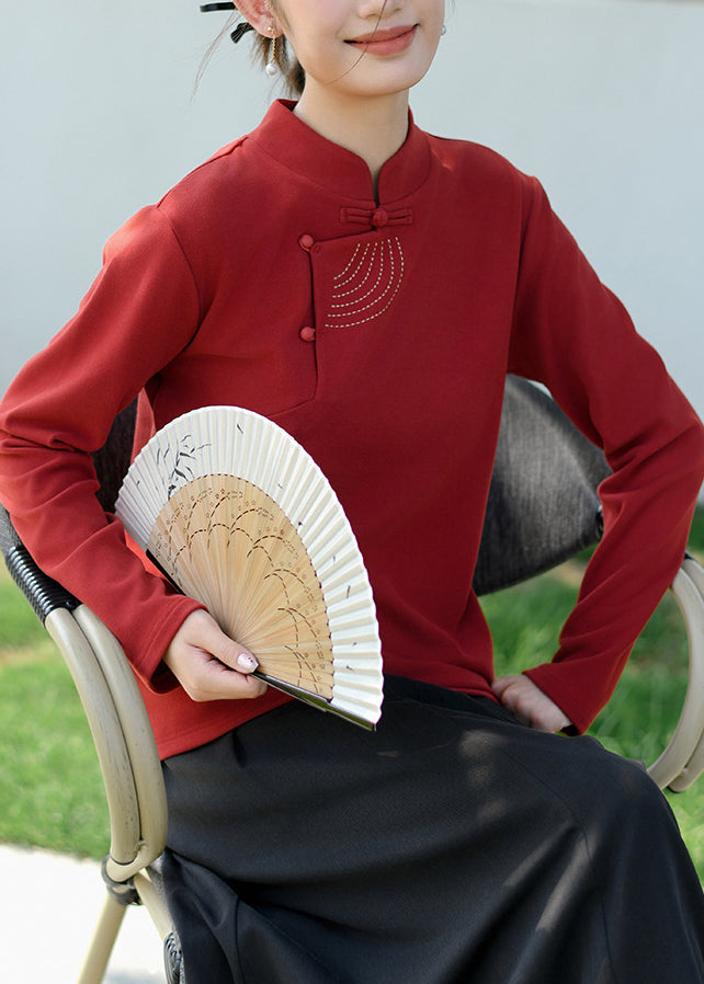 Red Stand Collar Embroidered Cotton Blouse Top Spring