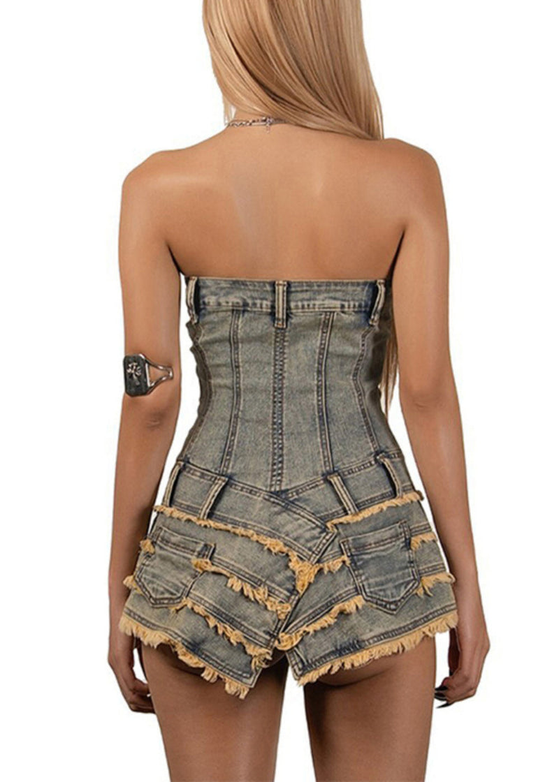 French Asymmetrical Strapless Denim Mini Dresses Sleeveless