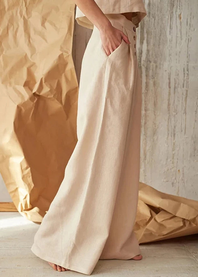 New Apricot Pockets Button Linen Straight Pants Spring