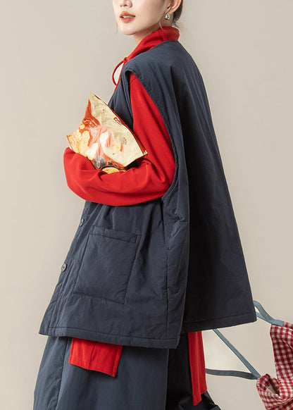 Navy Blue Patchwork Fine Cotton Filled Waistcoat and Red Top Two Piece Set Winter