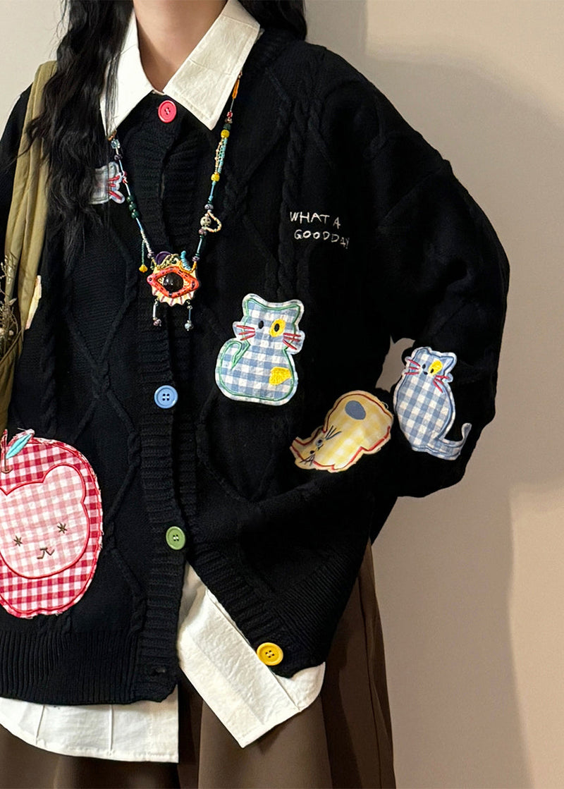 Black Button Applique Plaid Knit Coats O Neck Spring