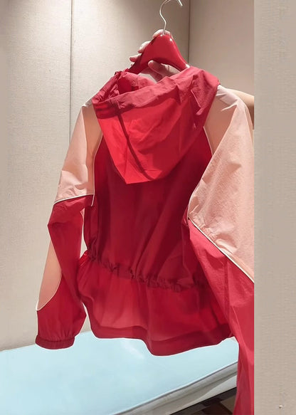 New Red Hooded Zippered Drawstring Patchwork Cotton Coats Summer