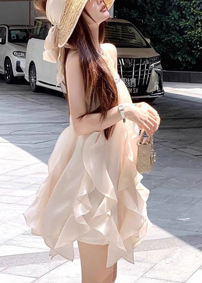 Apricot Sequins Silk Spaghetti Strap Dress Sleeveless