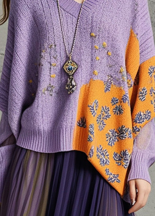 Purple Asymmetrical Print Knit Loose Sweater Fall