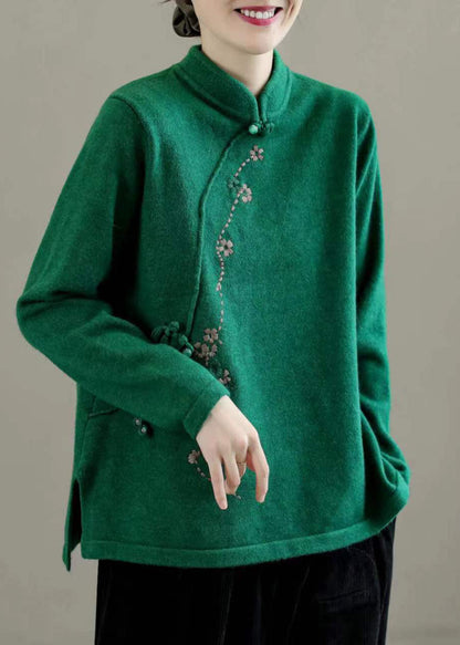 Green Mandarin Collar Embroidered Knit Sweaters Winter