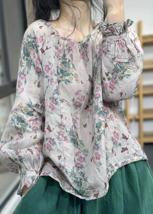 O-neck Print Linen Top Long Sleeve