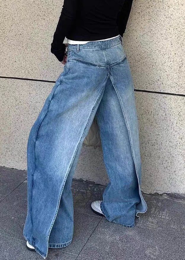 Blue Wear on Both Sides Patchwork Denim Pants Fall