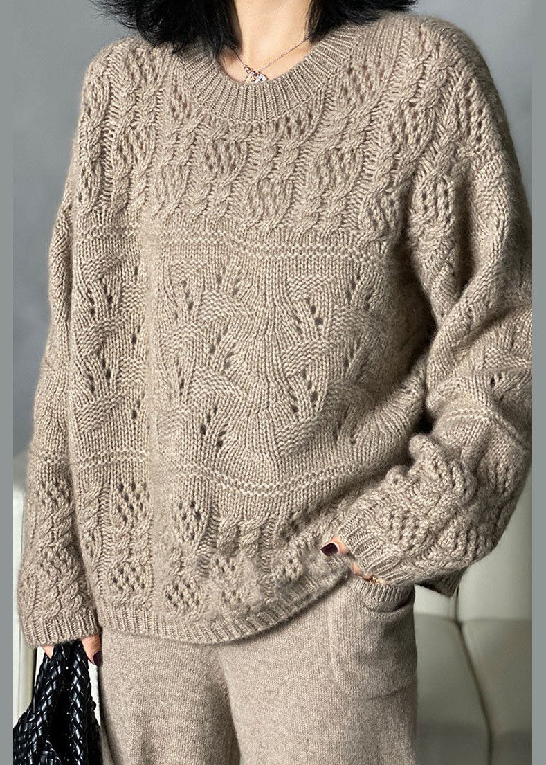 Khaki O-neck Oversized Thick Hollow Out Knitted Tops Winter