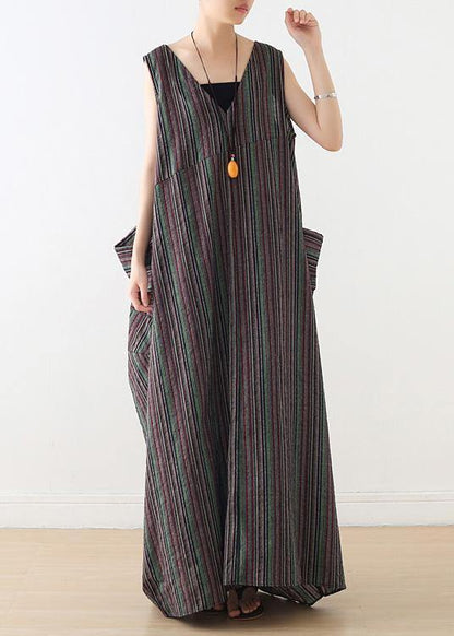 Handmade V Neck Cotton Clothes Linen Striped Maxi Dresses Summer