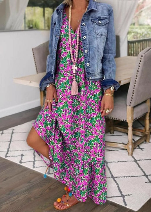 Blue V Neck Print Cotton Spaghetti Strap Dress Summer
