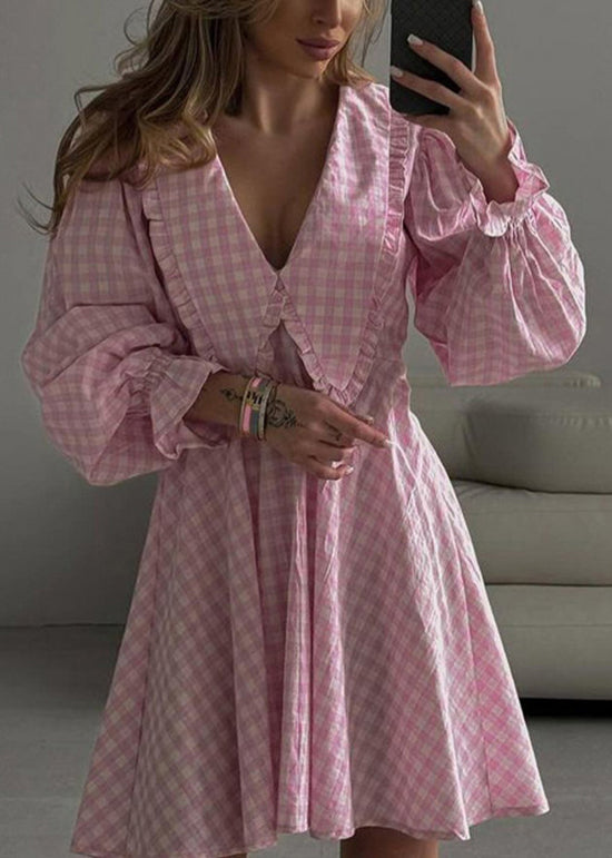 French Blue Plaid Ruffled Cotton Day Dress Flare Sleeve