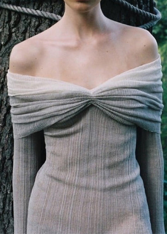 French Grey Cold Shoulder Ice Silk Dresses Fall