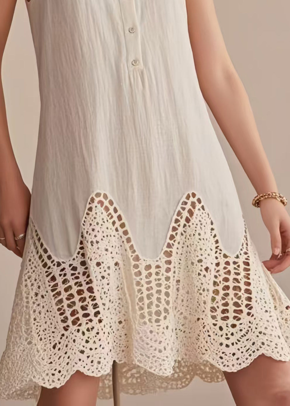 Beige Cold Shoulder Patchwork Lace Day Dress Sleeveless