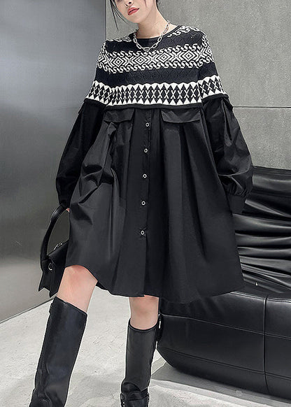 Black O Neck Knit Patchwork Cotton Dresses Fall
