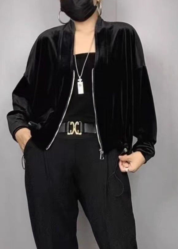 New Black V Neck Zippered Silk Velvet Coat Batwing Sleeve
