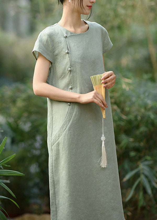 New Retro Green O Neck Button Linen Dresses Summer