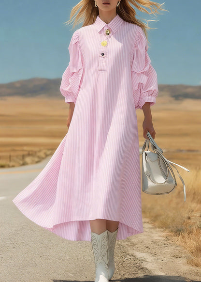 Pink Peter Pan Collar Striped Long Dress Three Quarter Sleeve