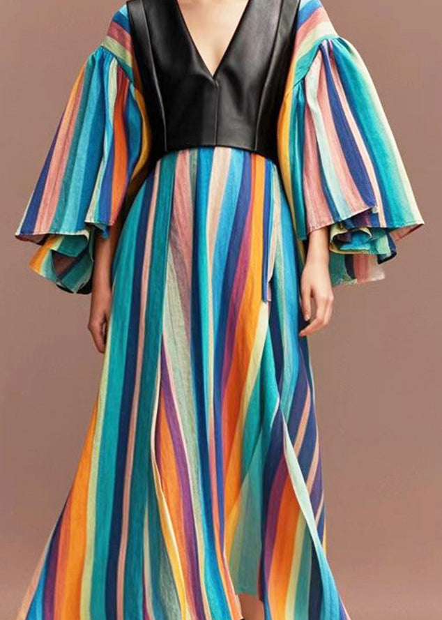 Rainbow Striped Patchwork Pu Cotton Maxi Dresses Flare Sleeve