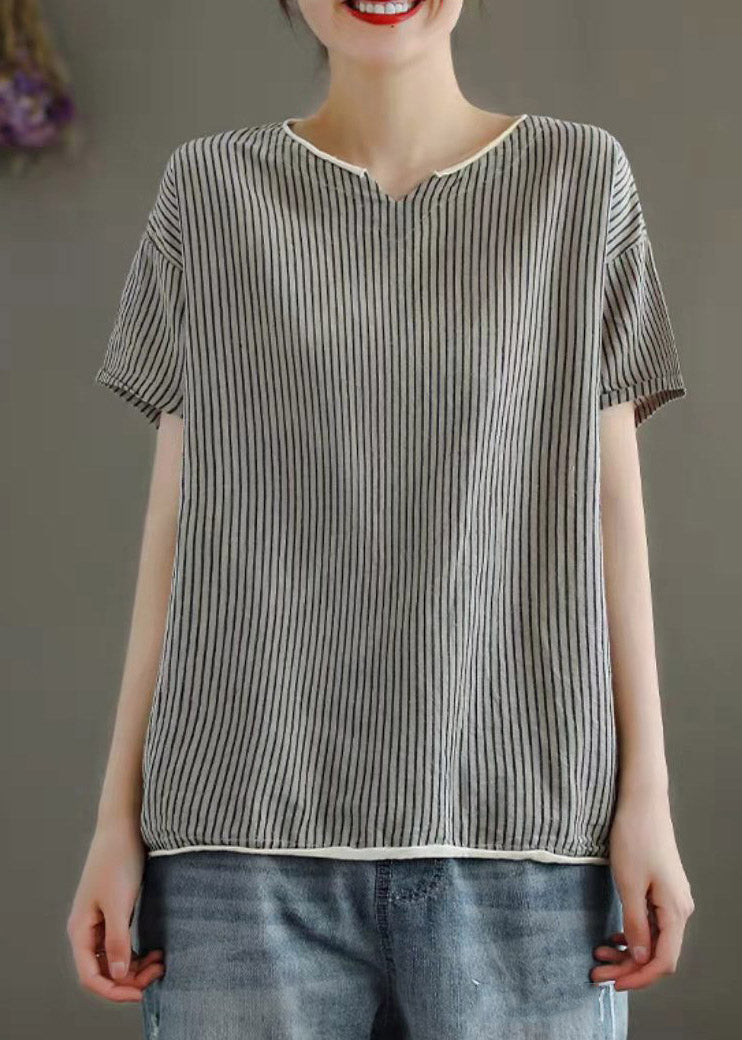Grey V Neck Striped Patchwork Linen Tank Tops Short Sleeve