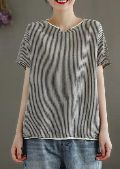 Grey V Neck Striped Patchwork Linen Tank Tops Short Sleeve