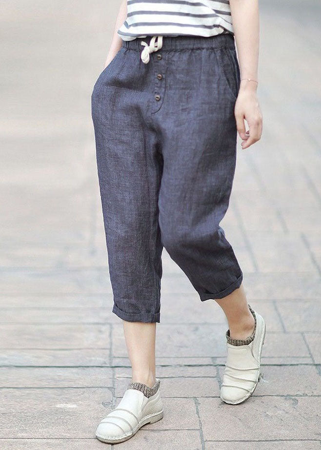 Denim Blue Pockets Patchwork Linen Crop Pants Summer