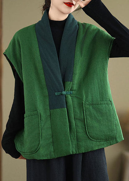 Green V Neck Pockets Patchwork Fine Cotton Filled Vest Winter