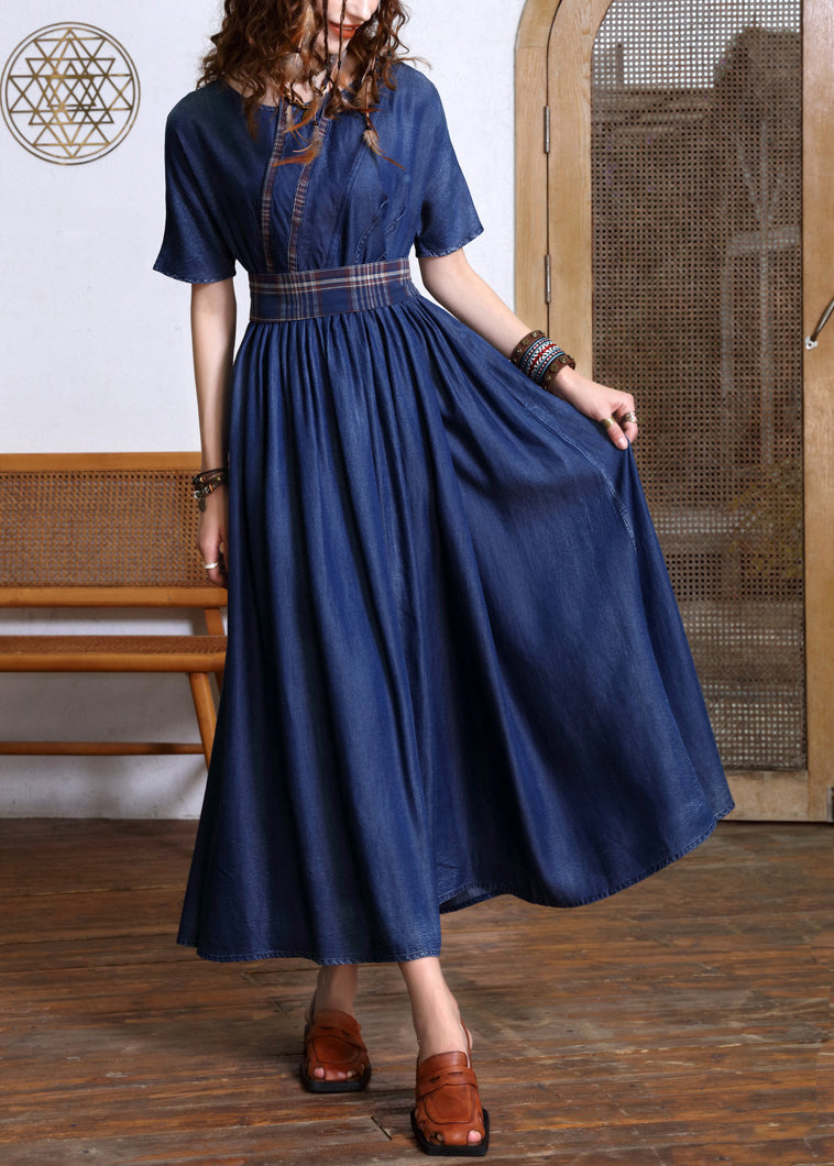 Navy O-neck Bow Tie Waist Silk Cotton Denim Maxi Dresses Short Sleeve