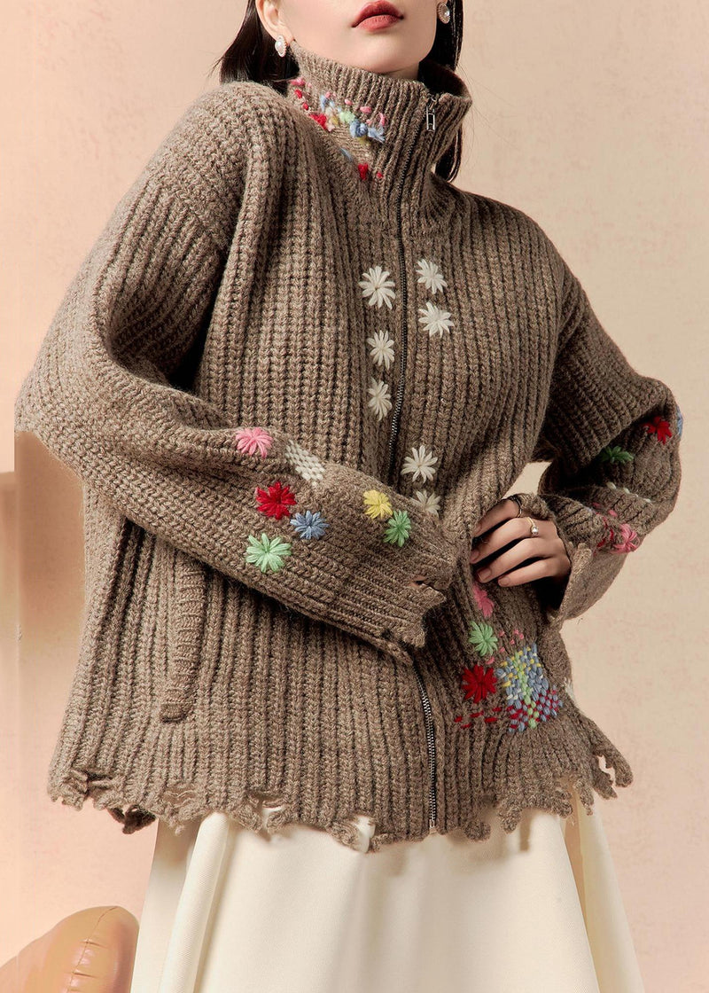 Coffee Zip Up Hole Pockets Cotton Knit Coats Winter