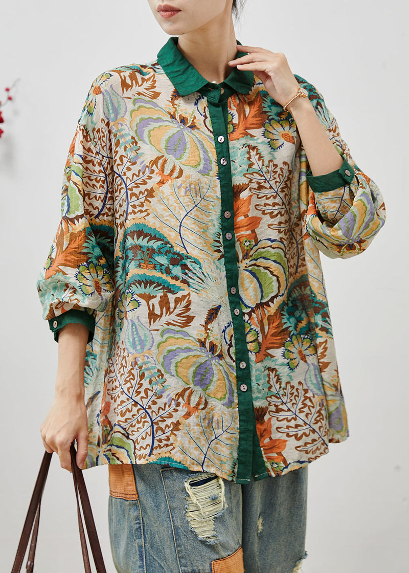 Green Peter Pan Collar Print Linen Blouses Summer