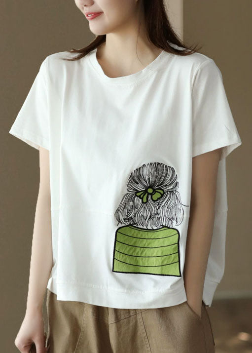 White O-neck Embroidered Patchwork Cotton Top Summer